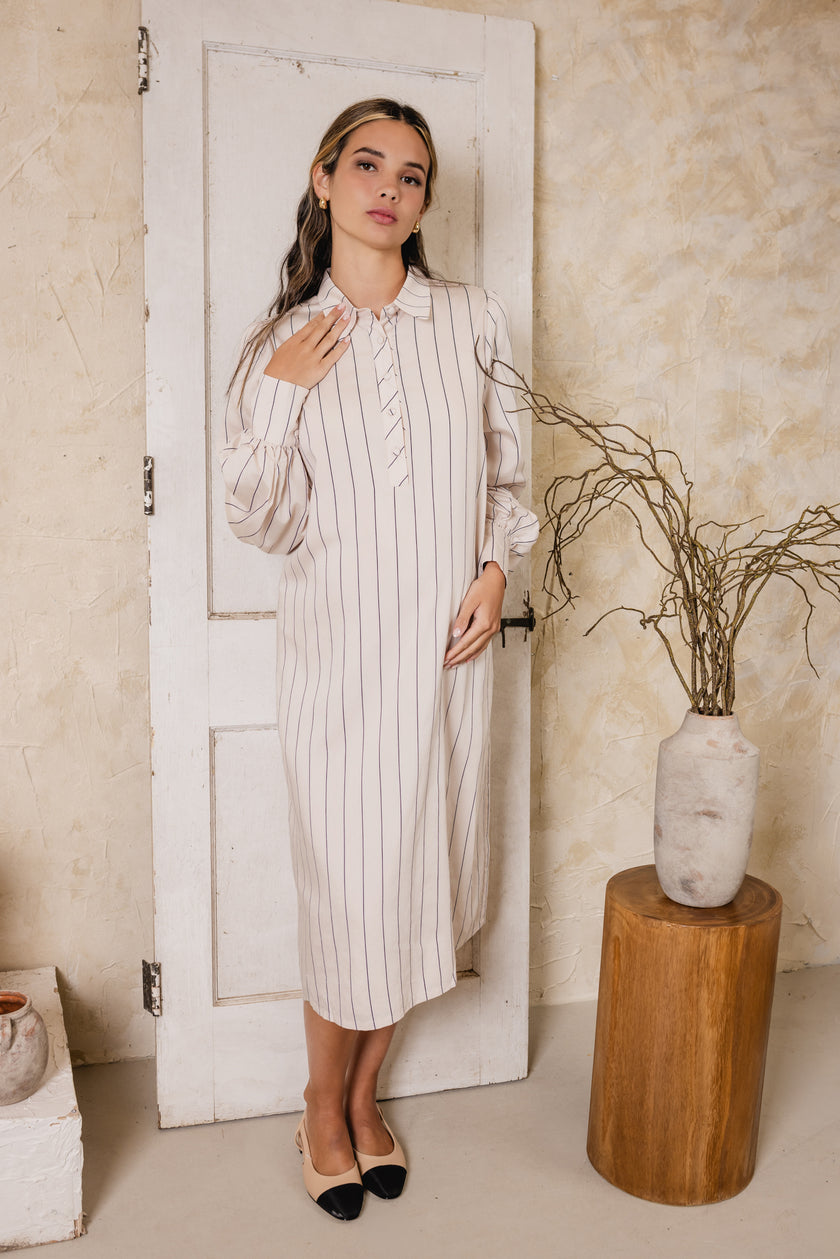 Petunia Pinstripe Dress Beige