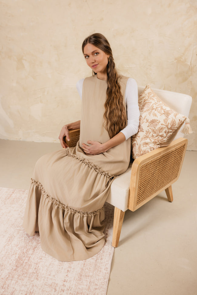 Dipped Tiered Sleeveless Dress Beige