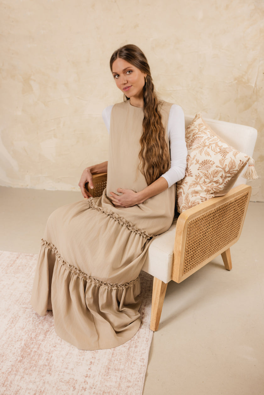 Dipped Tiered Sleeveless Dress Beige